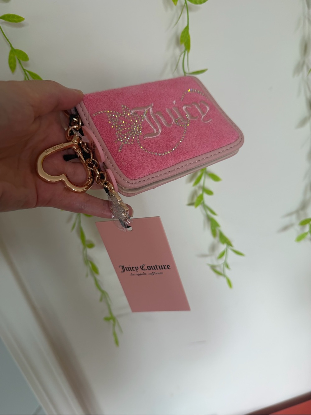 Juicy Couture Pink Suede Logo Zip Wallet with Gold Heart Keychain
